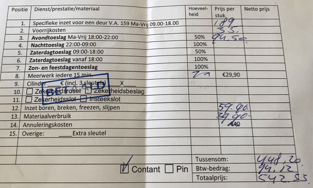 factuur van malafide slotenmaker